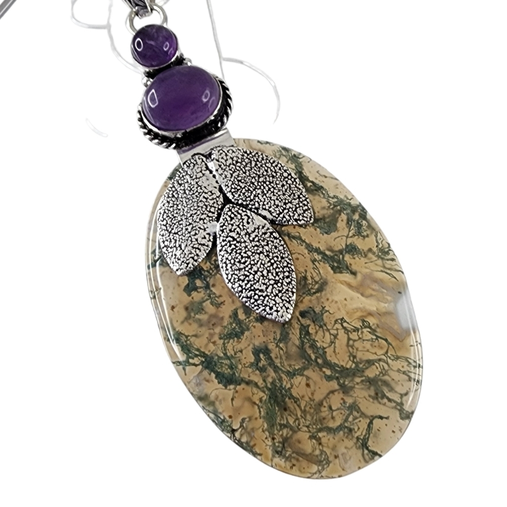 Moss agate pendant necklace with real amethyst and bodhi leaves